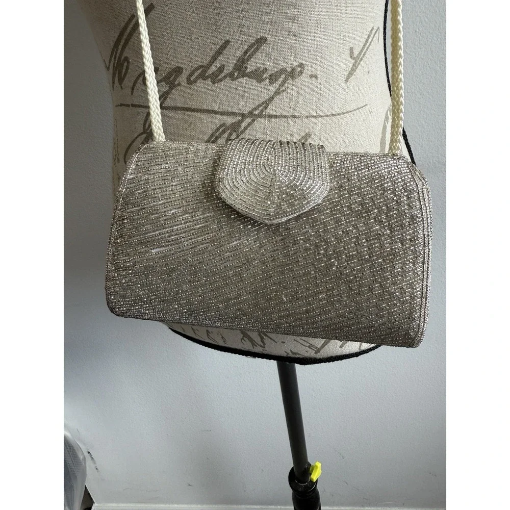 Vintage Neiman Marcus Evening Bag Silver Beaded  Purse‎ chain strap
